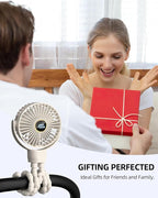Portable Stroller Mini Fan, Small Rechargeable Personal Fan, Travel Essentials for Baby, Wagon, Car Seat, Treadmill, Battery Powered Biking Gear Accessories, 360° Rotation, 3-Speed, Display, Beige