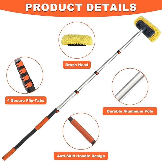 Buyplus 12FT Car Wash Brush with Long Handle, 12-Inch Soft Bristle, with Aluminium Telescoping Pole, for Cleaning Car, SUV, RV, Boats, House Siding, Floors, Solar Panels, and More