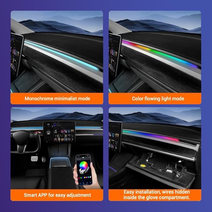 LED Car Ambient Lighting Strip for Tesla High Brightness with APP Control Multiple Colors and Car LED Strip Lighting Neon Lights for Model 3/Y (Dashboard& Center Console& 4 Floor Light)