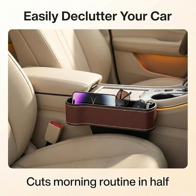 Car Seat Gap Filler Organizer, 2026 New Premium Leather Console Organizer for Holding Phone, Sunglasses, Auto Console Side Storage Box with Cup Holders 2 Seat Hooks for Drink (Brown, 1Set)