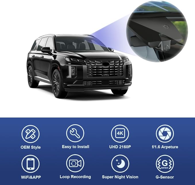 Fitcamx 4K Dash Cam Suitable for Hyundai Palisade 2023-2025 (Part No#S8700 S8710) SE SEL Limited XRT Calligraphy, OEM Look, UHD 2160P Video, WiFi & APP, Loop Recording G-Sensor, Easy to Use, 64GB Card