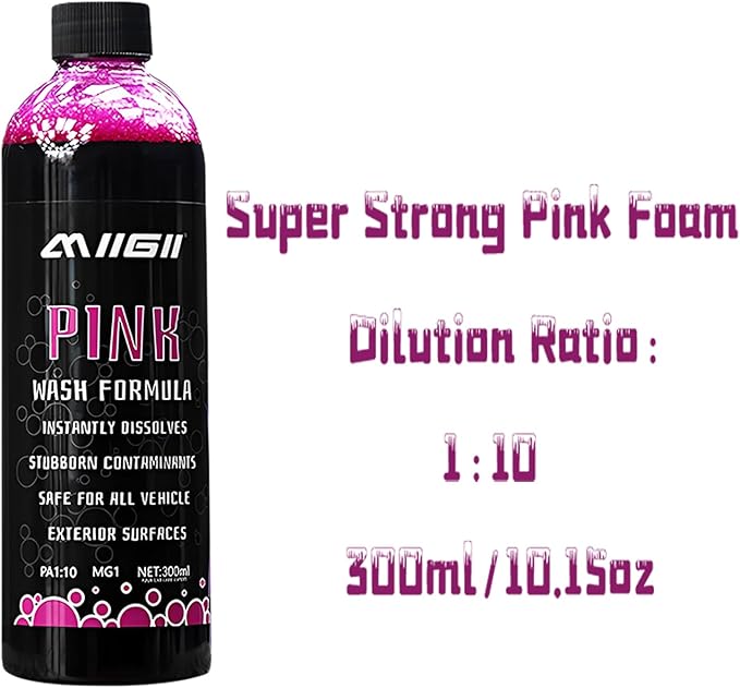MIIGII Pre-Wash Solution Car Wash Soap - Pink Foam Car Shampoo - Powerful Formula Penetrates and Breaks Down Tree Sap, Bird Droppings & Tough Stains - Works on RVs, Trucks, Cars & More - 300ml (10oz)