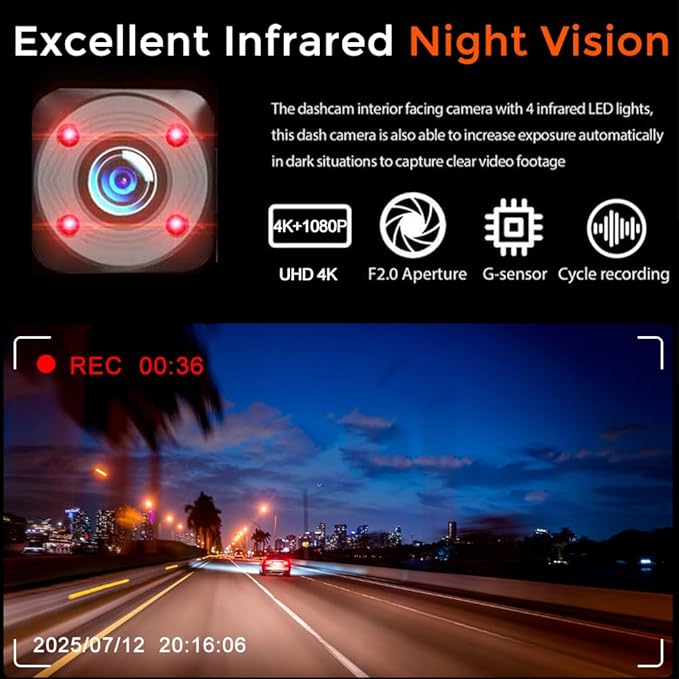 4K Dash Cam, Dash Camera Front Inside Rear, WiFi Dashcam for Cars with 64G Card, 3.16" IPS Screen, Night Vision, WDR 24H Parking Mode, G-Sensor, Loop Recording, 170° Wide Angle, APP Control