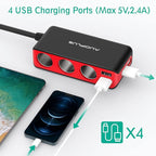 AUOPLUS 120W 3 Socket Cigarette Lighter Splitter Car Charger Adapter, LED Voltage Display Dual 4 USB Chargers(6.8A), Car Charger On/Off Switches 12V for iPhone iPad Samsung GPS Dashcam