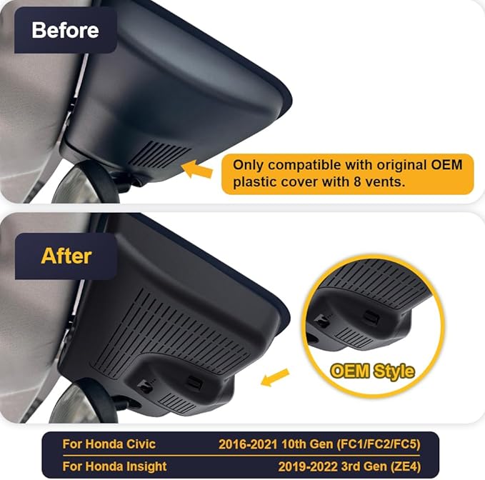 Fitcamx Front 2K+Rear 1080P Dash Cam Adapts for Honda Civic 2016-2021 (Has 8 Vents/HD2-0323) & Insight 2019-2022, OEM Look, Dual HD Video, WiFi & APP, Loop Recording, Collision Detection, 64GB Card