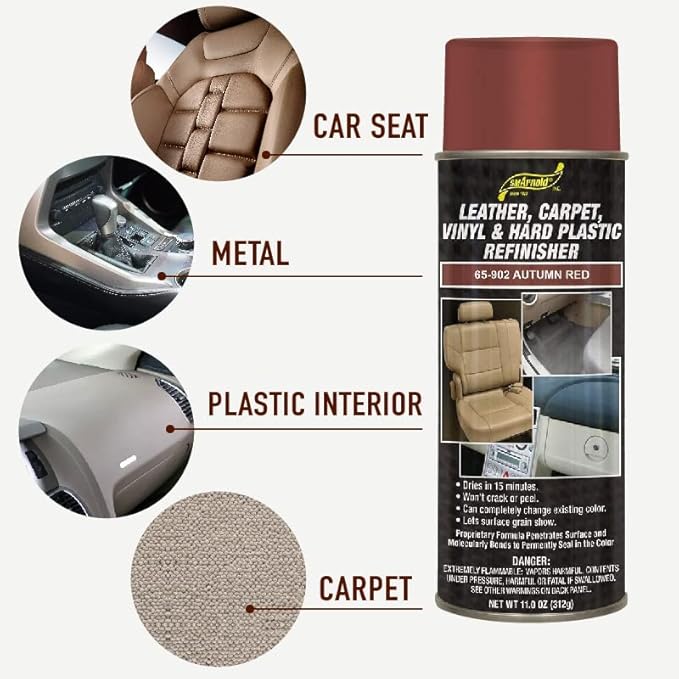 SM Arnold Refinishing Spray Paint - AUTUMN RED 11 Oz. - For Leather, Carpet, Vinyl, Metal, Plastic, Polycarbonate, Polypropylene, Acrylic, Lexan, Fiberglass | Pro Grade Aerosol Refinisher