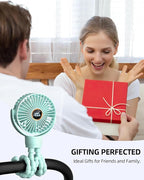 Portable Stroller Mini Fan, Small Rechargeable Personal Fan, Travel Essentials for Baby, Wagon, Car Seat, Treadmill, Battery Powered Biking Gear Accessories, 360° Rotation, 3-Speed, Display, Aqua