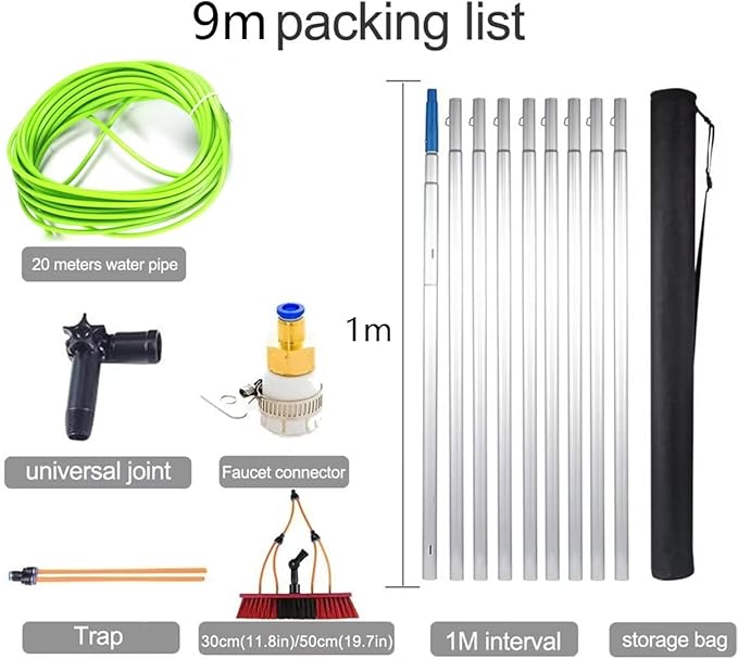 30ft Water Fed Window Cleaning Pole 9m Teles Hose with Extendable Brush Kit for Gutters & Conservatories Perfect for Home & Professal Use