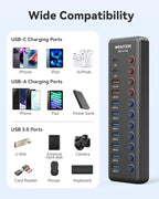 Powered USB 3.0 Hub, Wenter 48W 11-Port USB Hub Splitter (7 Faster Data Transfer Ports+ 4Pcs QC Charging Ports) with Individual LED On/Off Switches, USB Hub 3.0 Powered with Power Adapter