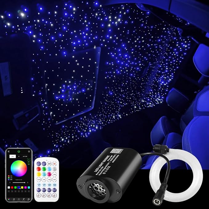 AMKI Mini 6W Starlight Headliner Kit 300pcs 0.03in 9.8ft,Twinkle+Sound Activated Fiber Optic Light 4Lamp Beam Starlight Box APP/Remote Control for Car Home Star Ceiling Decoration
