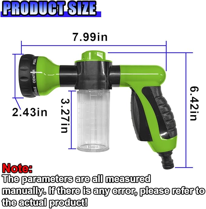 High Pressure Car Wash Foam Gun, 8 Way Spray Pattern Garden Hose Nozzle with 3.5oz/100cc Soap Dispenser, Adjustable Hose Spray Nozzle for Car Washing, Pet Shower, House Cleaning (Green)