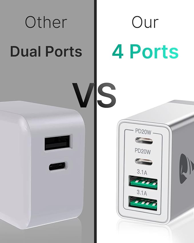 [2-Pack] USB C Wall Charger, 40W Fast USB C Charger Block, 4-Port PD Power Adapter + QC Wall Plug Multiport Type C Charging Block Cube Compatible with iPhone 16 15 14 13 12 11 Pro Max XR XS 8, Samsung