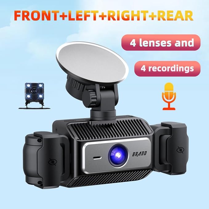 Dash Cam 4 Channel HD Front and Rear Inside Left Right Car Camera Dashcam Voice Control Wide Angle Night Vision, 24H Parking Mode (Only)