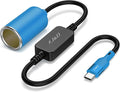 J&D USB C Male to 12V Car Cigarette Lighter Socket Female Converter Cable, 12V 18W Power Cable for Dash Cam, GPS, Car LED Light Strips, Blue, 1 ft
