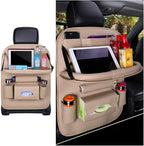 Car Seat Back Organizer, Leather Vehicle Seatback Storage Pocket with Foldable Table Tray, Multifunctional Automotive Backseat Protectors Kick Mats Accessories, Universal Fit (Beige)
