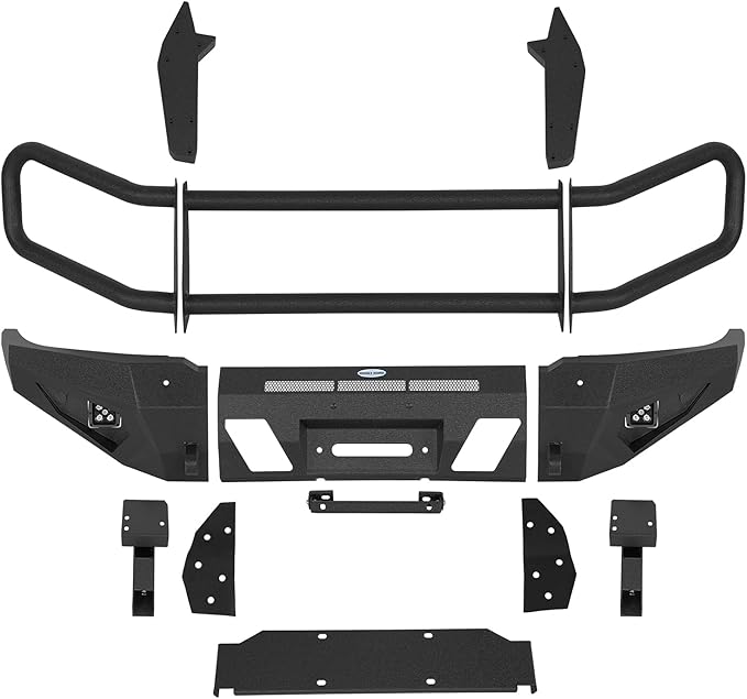 Hooke Road Tacoma Front Bumper Grille Brush Guard for 2005-2011 Toyota Tacoma 2nd Gen Pickup, Steel Push Bull Bar with Winch Plate & LED Lights, Full-Width Off Road Protection