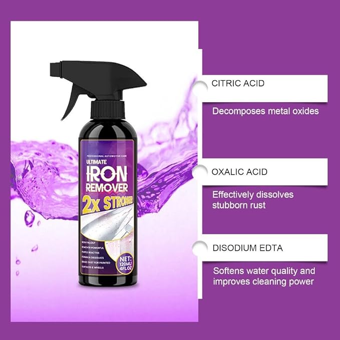 Iron Remover Spray – 120ml Purple Reactive Formula for Car Detailing, Paint Safe Rust Remover for Iron Fallout & Metal Deposits, Wheel Cleaner for Cars Motorcycles Boats (1 Pcs)