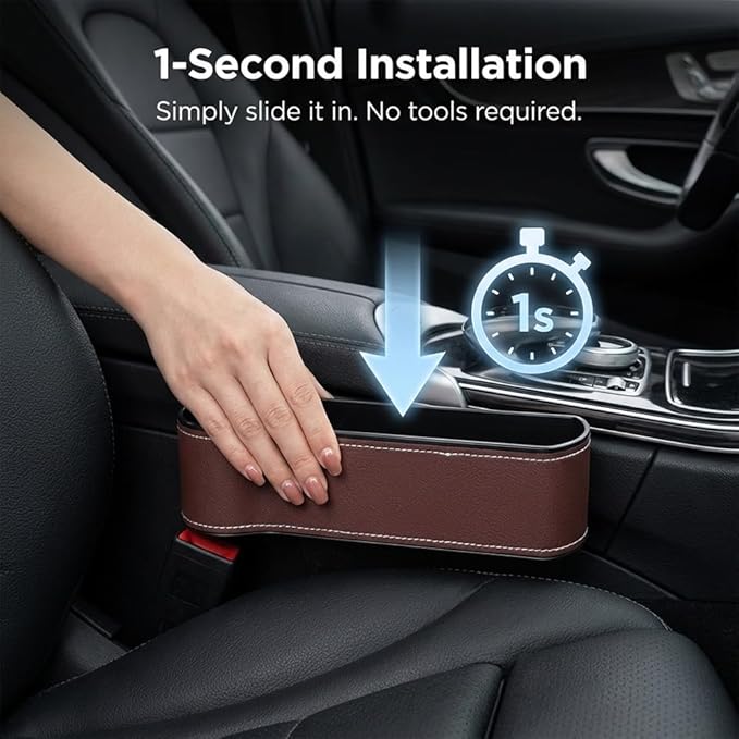 Car Seat Gap Filler Organizer, 2026 New Premium Leather Console Organizer for Holding Phone, Sunglasses, Auto Console Side Storage Box with Cup Holders 2 Seat Hooks for Drink (Beige, Passenger Seat)
