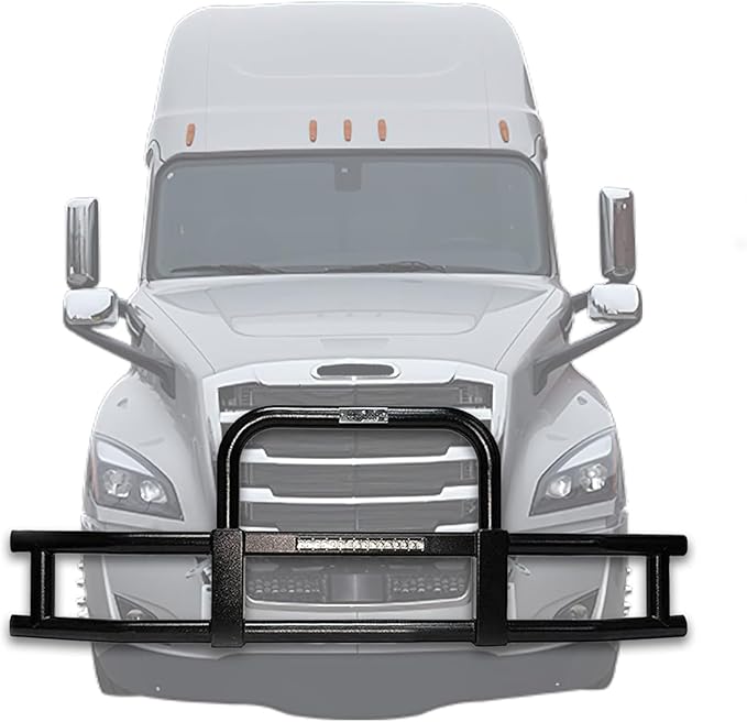 KOZAK Compatible with Freightliner Cascadia 2018+ Front Grille Deer Moose Brush Guard - Black Finish w/Built-in 16" LED Bar PLUS Mounting Brackets, Logo, License Plate Holder and Frame, Wipers, Vest
