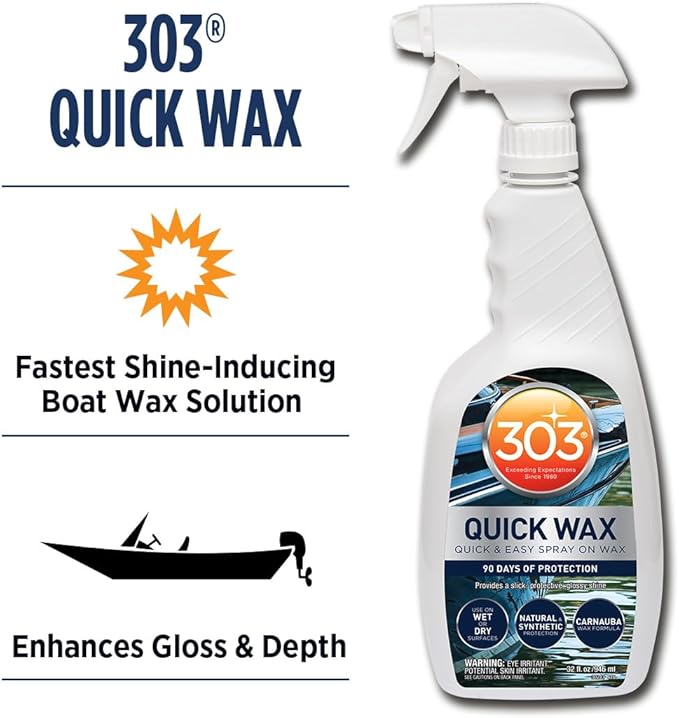 303 Marine Quick Wax - Quick & Easy - 90 Days Of Protection - Provides a Slick, Protective, Glossy Shine - Use On Wet / Dry Surfaces - Carnauba Wax, 32oz. (30213)