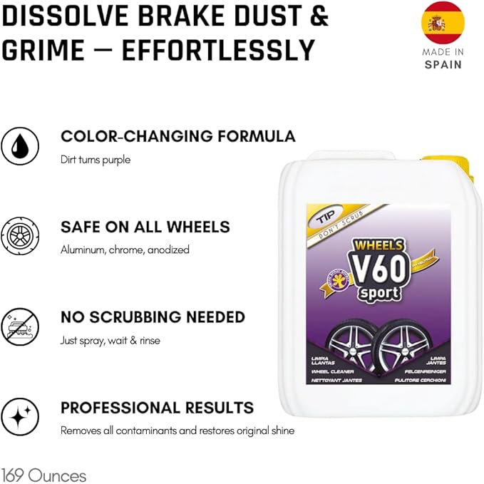 Sisbrill V60 Sport Wheel and Tire Cleaner Spray – pH Neutral Car Wheel Cleaner, Gecko Spray Effect, Safe Brake Dust Remover – 33 fl oz