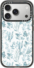 CASETiFY Impact iPhone 17 Pro Case [Slim/Compatible with Magsafe / 8.2 ft. 4X Military Grade Drop Protection] - Elegant Pastel Blue Vintage Butterfly Floral - Clear Black