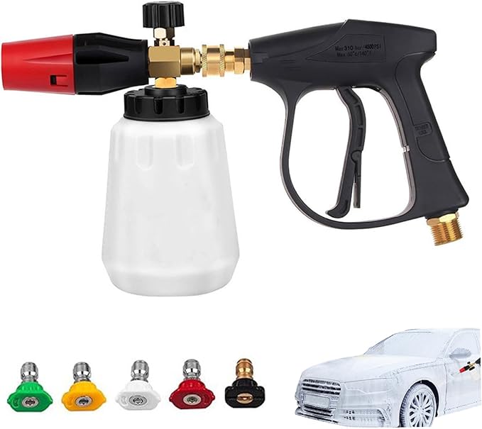 Foam Gun Car Wash Sprayer Set, Adjustable Angle Pressure Washer Gun with 1/4 Inch Quick Connector, Foam Cannon with 5 Pressure Washer Tips and Handle