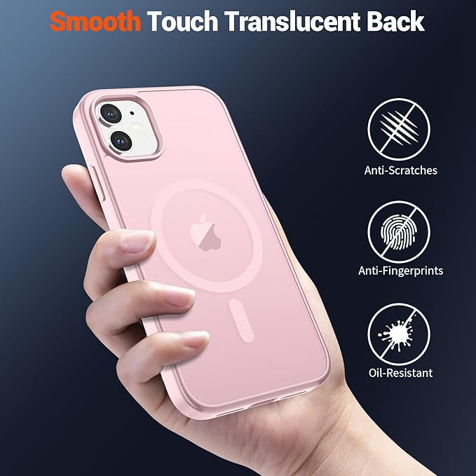 SUPFINE Magnetic for iPhone 12 Case/iPhone 12 Pro Case with Screen Protector (Compatible with MagSafe)(Military Grade Drop Protection) Translucent Matte Shockproof Phone Cover,Light Pink