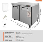 VEVOR Commercial Refrigerator, 48" Worktop Undercounter Refrigerator, 12.85 Cu. Ft Thick Stainless Steel Refrigerated Food Prep Station, 2 Door Worktop Fridge with lock for Restaurant, Bar, Diner