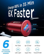 AINOPE USB C Car Charger Super Mini All Metal 54W Fast USB Car Charger PD&QC 3.0 Dual Port Car Adapter Compatible with iPhone 15 Pro Max 14 13 12 11 Pro Max XR XS Max 8 Galaxy S21/20-Red