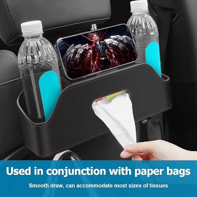 Zipelo Car Headrest Backseat Organizer with Cup Holder, Multi-Functional Vehicle Seat Back Hanging Storage Box with Hooks, Auto Drink Snack Phone Tray Travel Accessories for Kids Adults (Wine Red)