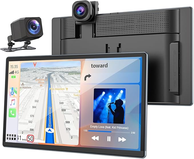 Volam 9" Wireless Carplay Screen for Car with 2.5K + 1080P Dash cam and Backup Camera Support Apple Carplay and Android Auto Car Play with Voice Assistant Bluetooth GPS Navigation AUX