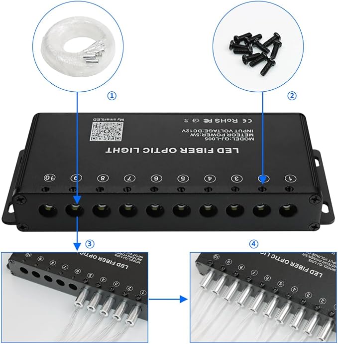 AMKI 100pcs*0.04in*13.1ft Pure White Shooting Stars Effect Fiber Optic Lights Kit,10Holes LED 5W Meteor Light Engine with Bluetooth+RF Remote Control 20 Meteor Modes