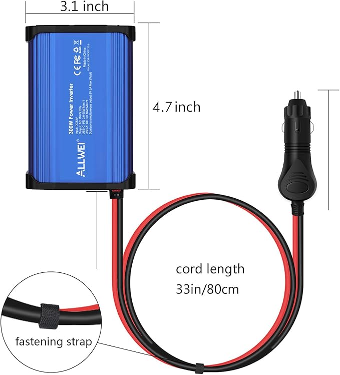 ALLWEI 300W Car Power Inverter, DC 12V to 110V AC Converter Car Plug Adapter Outlet with 65W PD USB-C & 18W USB-A Fast Charge, Car Cigarette Lighter Charger for Phone, Laptop, Tablet - Blue