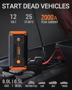 Powrun P-ONE Jump Starter, 2000A Portable Jump Box - Car Jump Starter Battery Pack for up to 8.0L Gas and 6.5L Diesel Engines, 12V Battery Jump Starter with Carry Case (Orange)
