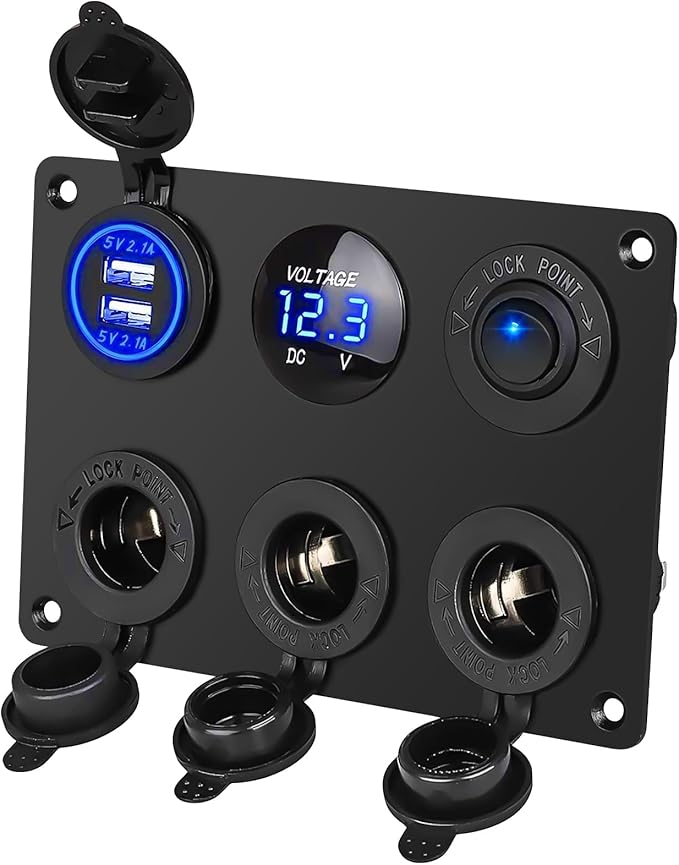 Linkstyle 6 in 1 Charger Socket Panel, 3 Cigarette Lighter Splitter with Dual USB Charger Ports & LED Voltmeter & Rocker Switch for 12V/24V Car RV Boat
