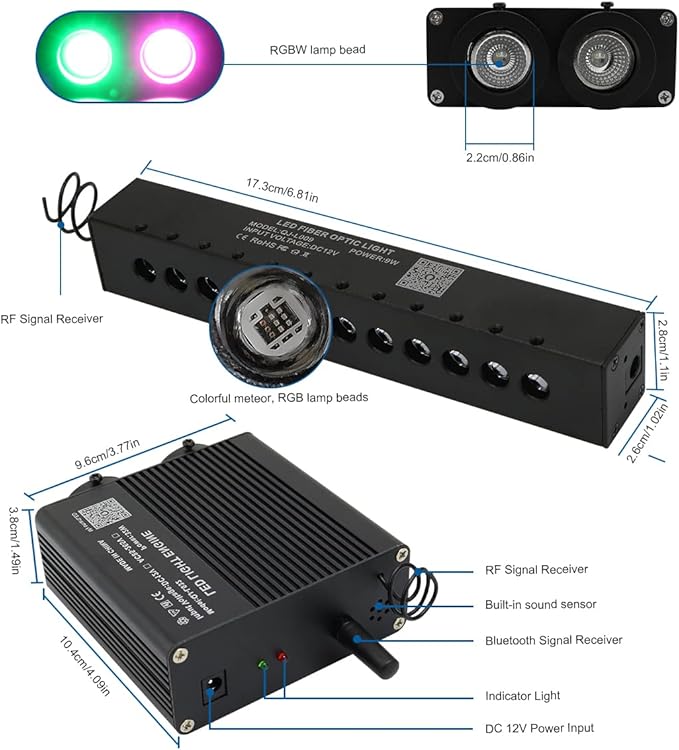 Small Size AKEPO 32W Dual-Head Different Color APP Fiber Optic Lights with Meteor Effect, 1100pcs of 0.03in 13.1ft Optical Fibers +RGBW Music Activated Fiber Optic Star Ceiling Light Kit for Car/Home