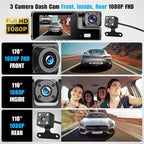 1080P 3Channel Dash Camera for Car Front and Rear Inside Dashcam Car Video Recorder,170°Wide Angle Vehicle Cam,WDR,G-Sensor,2’’ IPS Screen,Loop Recording,Night Vision (3Channel Dash Cam Without Card)