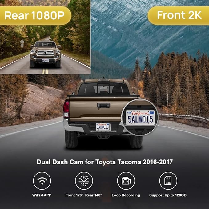 Fitcamx Front 2K+Rear 1080P Dash Cam Adapts for Toyota Tacoma 2016 2017 (12 Pin) HD2-6275, OEM Style, Dual HD Video, Built-in WiFi & APP, Loop Recording, Gravity Sensor, Easy to Use, 64GB Card
