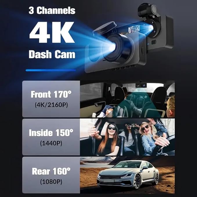 4K+1080P Ultra HD Car Dash Cam with 32GB SD Card - 3-Channel Front/Rear/Interior Camera, Motion Detection, 24H Parking Mode, WDR, G Sensor - Includes Mounting Hardware & Accessories.