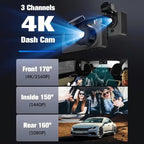 4K+1080P Ultra HD Car Dash Cam with 32GB SD Card - 3-Channel Front/Rear/Interior Camera, Motion Detection, 24H Parking Mode, WDR, G Sensor - Includes Mounting Hardware & Accessories.