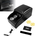 Center Console Armrest Organizer with Flat Wireless Charging Phone Pad & Cup Holders, Multifunctional Car Armrest Storage Box for Car, Van, Truck, Floor Cab, Back Bench Seat – Black
