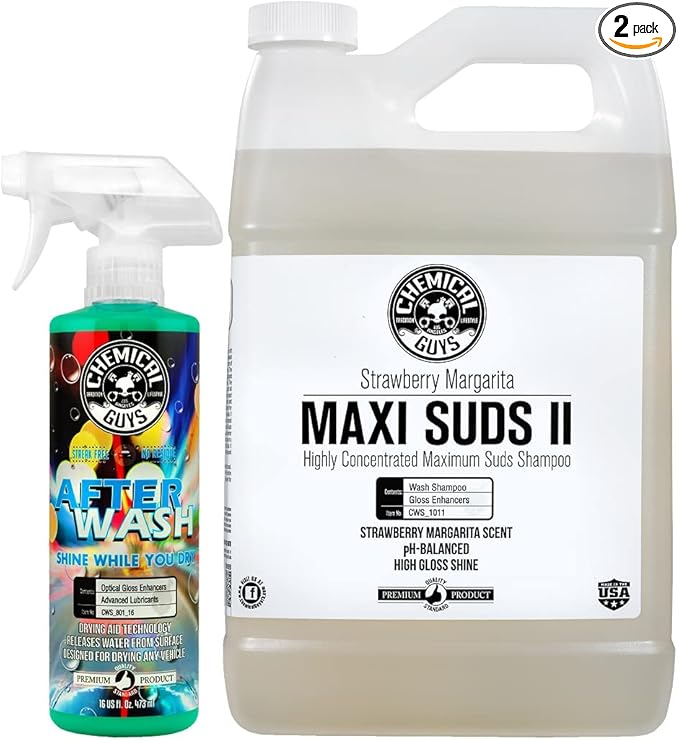 Chemical Guys CWS_1011A Car Wash, Dry & Shine Bundle - Maxi-Suds II Foaming Car Wash Soap, 128 oz (1 Gallon), Strawberry Scent + After Wash Gloss Boosting Drying Aid (16 oz) (2 Items)
