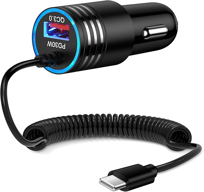 for iPhone 17e/17/16/15 Car Charger,48W PD+QC USB C Fast Car Charger Cigarette Lighter Adapter with 30W Built-in Coiled Type C Fast Charging Cable for iPhone 17e 17 Pro Max Air 16e 16 Pro Max 16 Plus