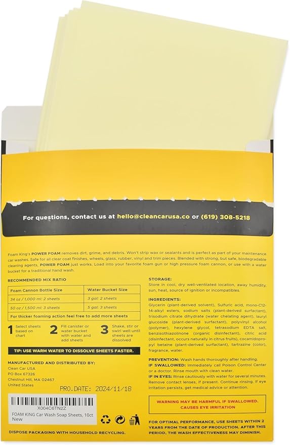 Foam King Car Wash Soap Sheets - 5 Car Washes, No Plastic Bottle, Concentrated Foam Wash Soap - For Foam Cannons, Foam Guns, Bucket Wash. Safe for Cars, Trucks, Motorbikes - 10 Sheets, Citrus Scent