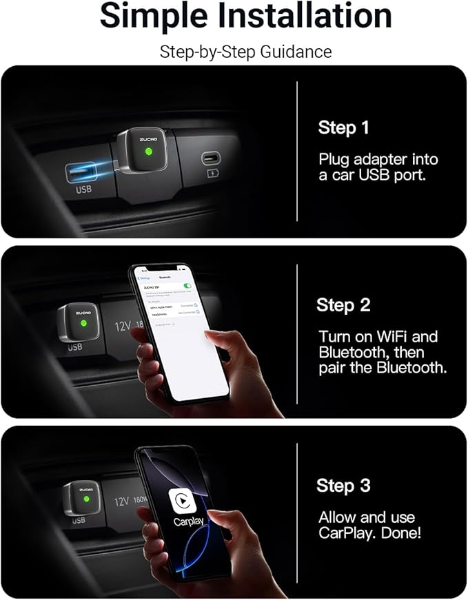 ZUCWO Mini Wireless CarPlay Adapter for Carplay and Android Auto 2-in-1 Mini USB Design for Cars, Plug and Play Converts Wired to Wireless CarPlay for iOS10+/Android 11+, Black