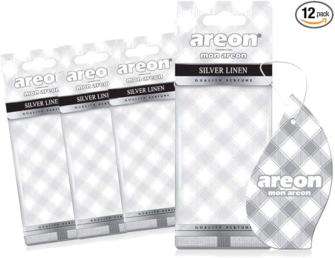 AREON MON MA39 Hanging Best Car Air Freshener Silver Linen Scent, Paper Hanging Ornaments, Long Lasting Scent for Car or Home 12 Pack