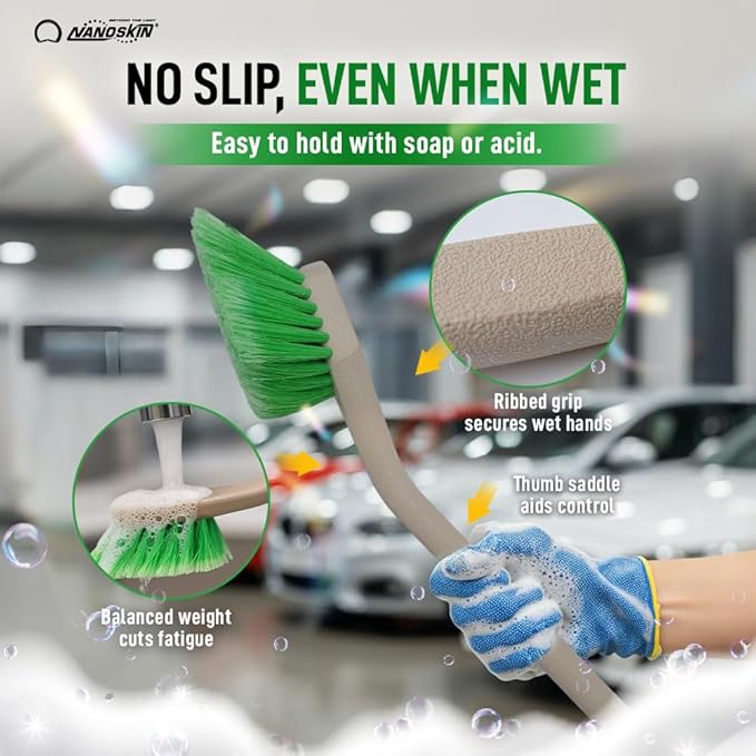 Nanoskin Professional 20-Inch Angled Tire & Wheel Cleaning Brush - Durable Green Polystyrene Bristles for Effective Auto Detailing, Gentle Car Wash Tool | Long-Handled Scrub Brush for Trucks and RVs