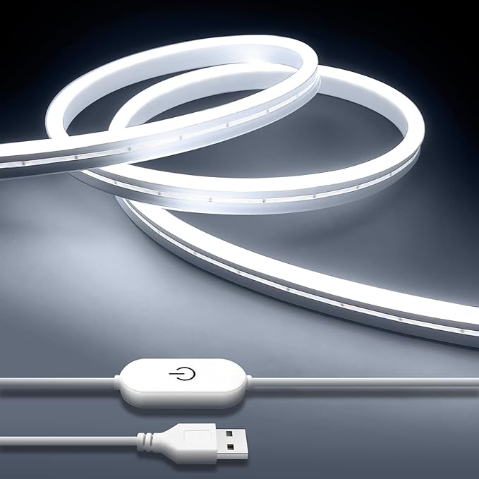 iNextStation USB LED Neon Lights Strip White, 6.6ft 5V Neon Rope Lights Waterproof Flexible Dimmable LED Neon Tape Lights for TV Backlight, Bedroom, Cabinet, Kitchen, DIY Lighting