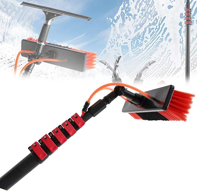 Telescoping Extension Pole with Water Fed Brush – Adjustable Window Cleaner for Solar Panels Roofs Decks RVs – Long Reach Telescopic Cleaning Tool for Easy Outdoor Cleaning